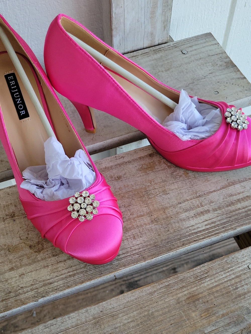 Erjunor Hot Pink Satin Heels with Crystal Accent Dressy Wedding Cruise Party